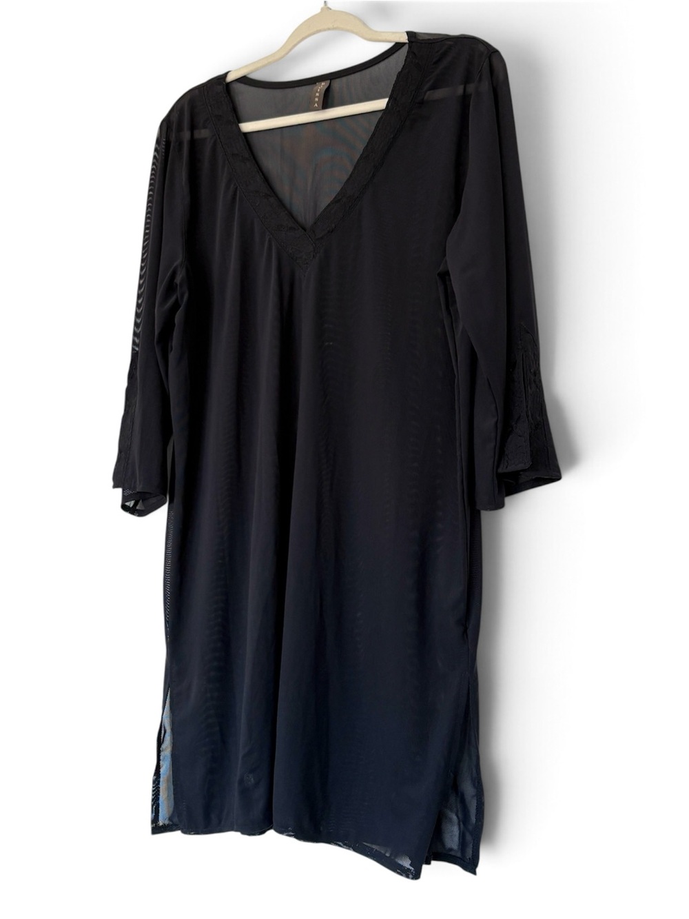 Swim Cover-Up Black V-Neck Sheer Dress Size L